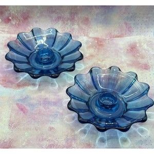 Pair Fostoria cobalt glass petal candlestick holders
